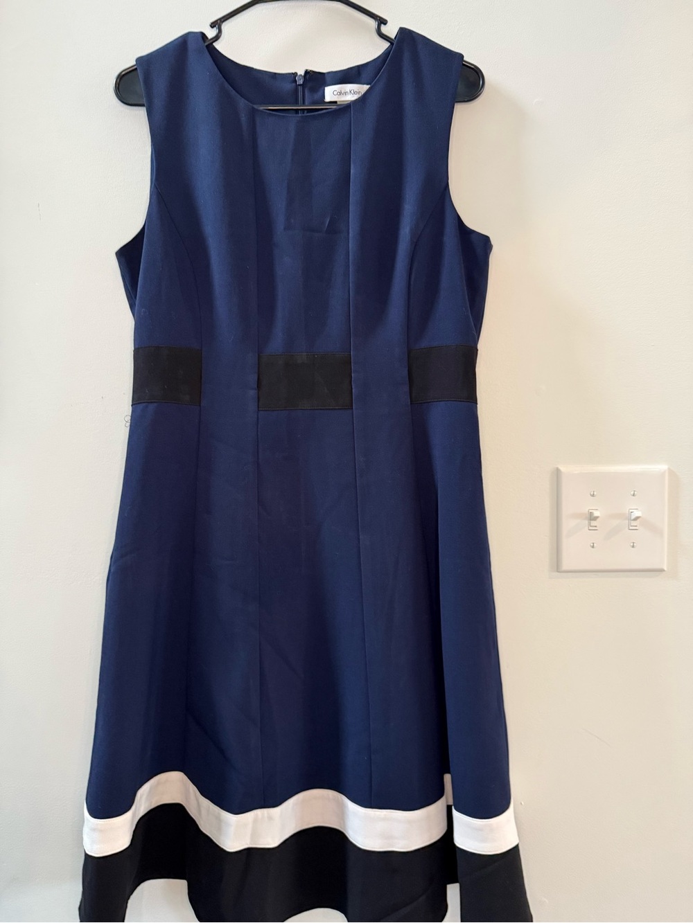 Calvin Klein Navy Midi Dress with Black Waist Panels and White Hem